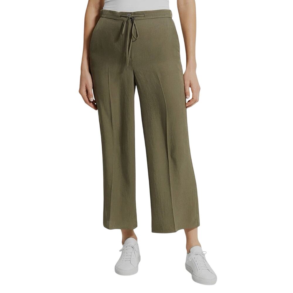 Theory Olive Green Wide Leg Crop Lightweight Drawstring Pants Size 0 Pockets